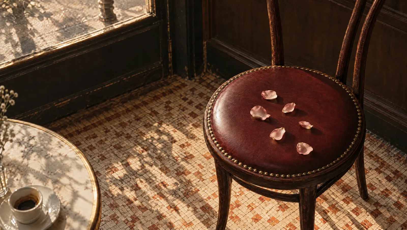 A few pale rose petals resting on a studded leather café chair in warm afternoon light.